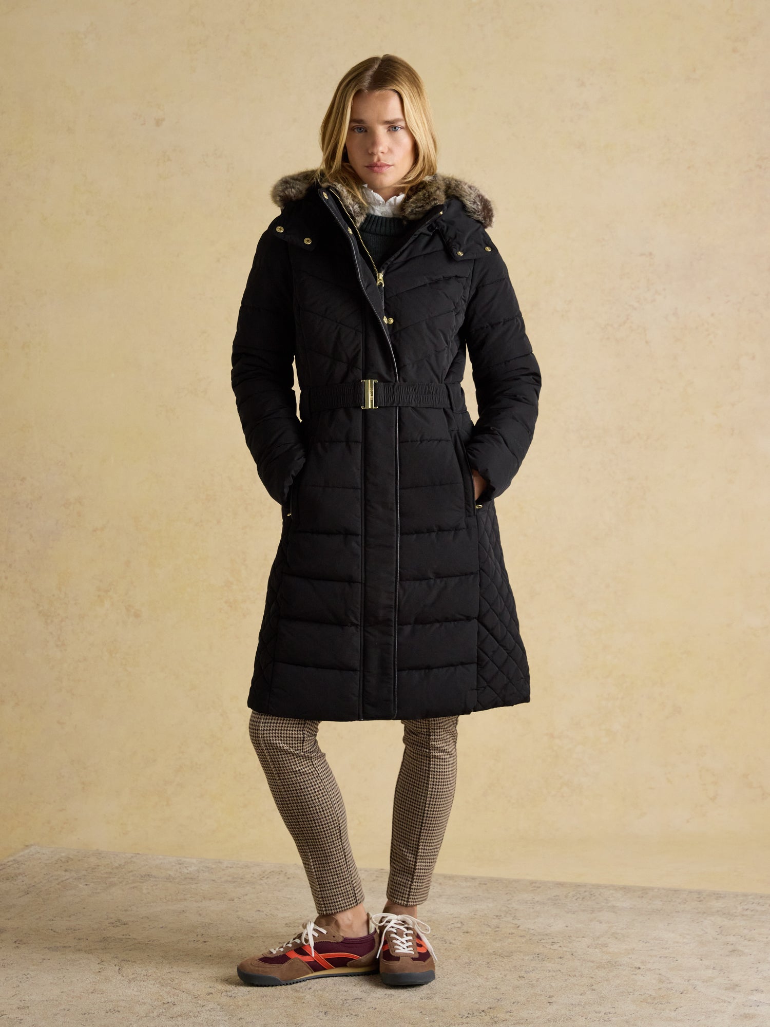 Joules Aspen Long Black Showerproof Padded Coat with Faux Fur Hood UK12 - NQP