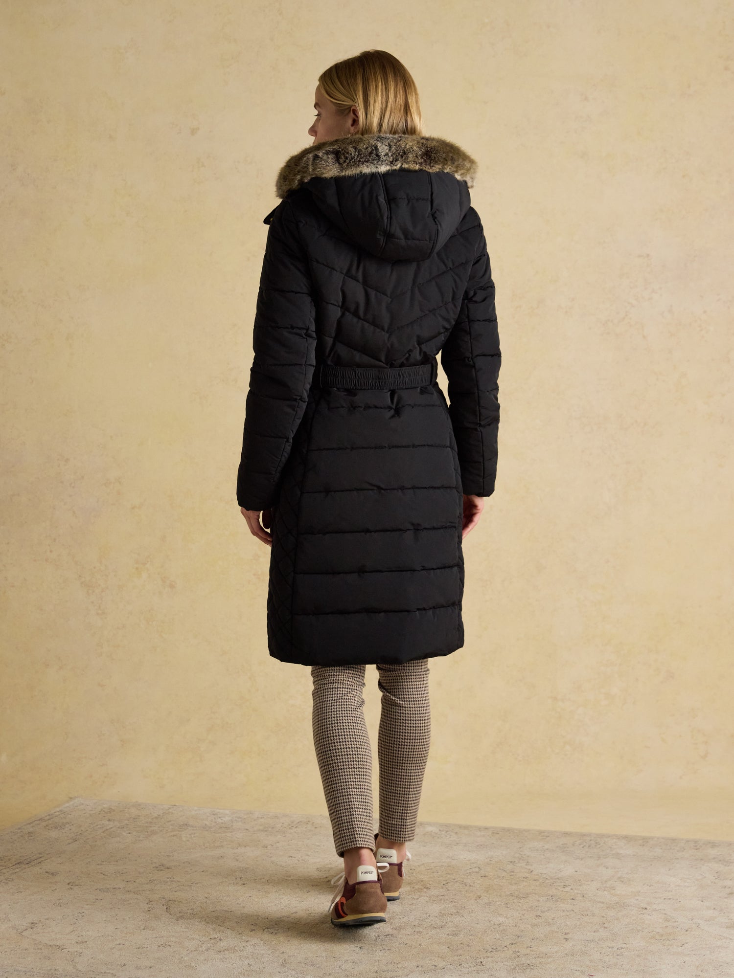 Joules Aspen Long Black Showerproof Padded Coat with Faux Fur Hood UK12 - NQP