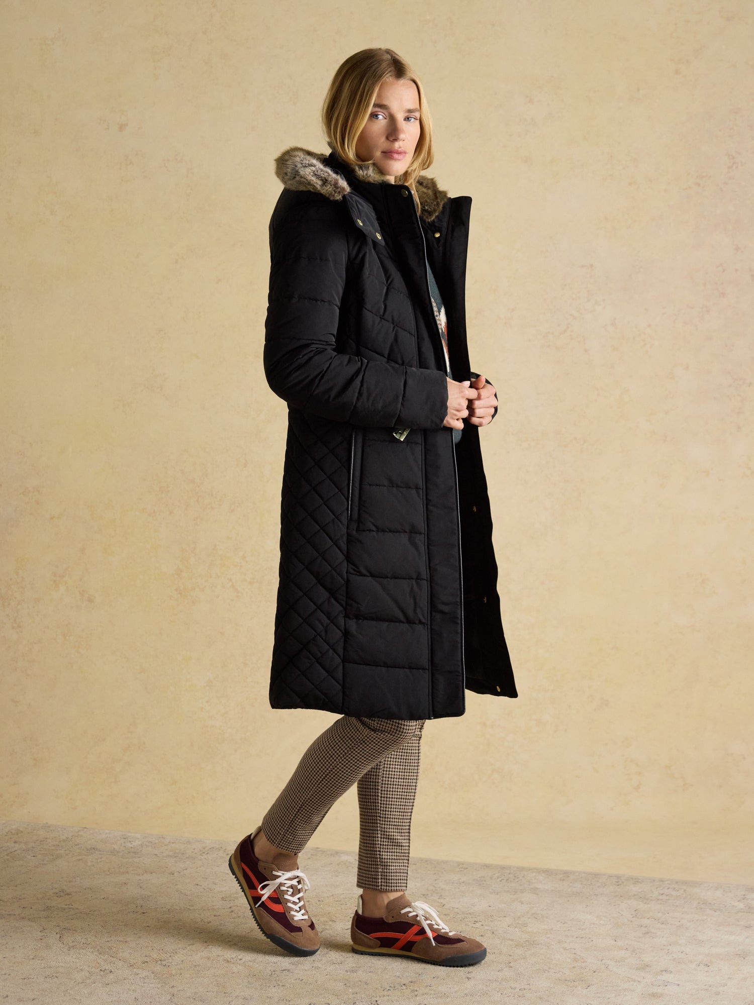 Joules Aspen Long Black Showerproof Padded Coat with Faux Fur Hood UK12 - NQP