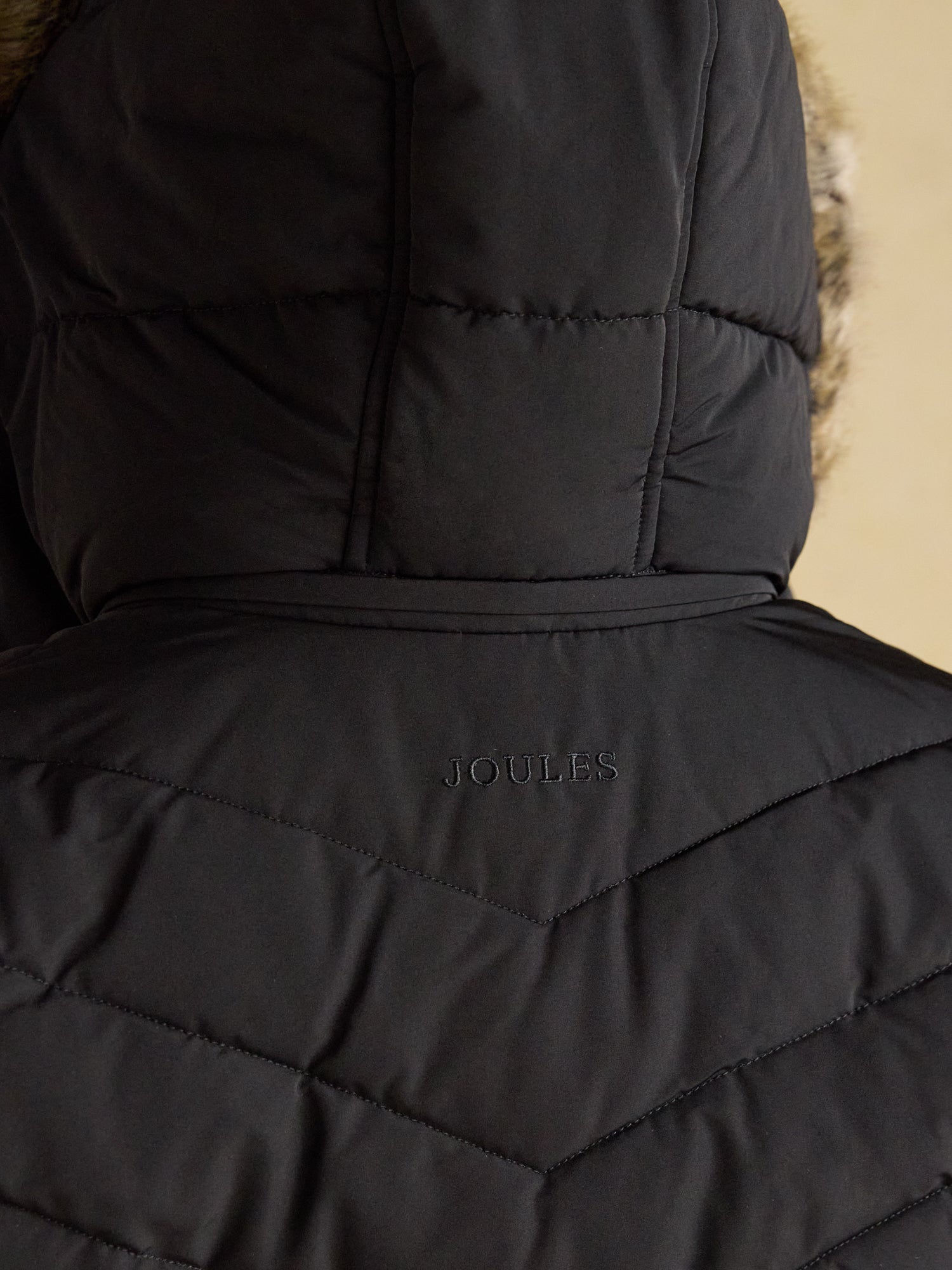 Joules Aspen Long Black Showerproof Padded Coat with Faux Fur Hood UK12 - NQP