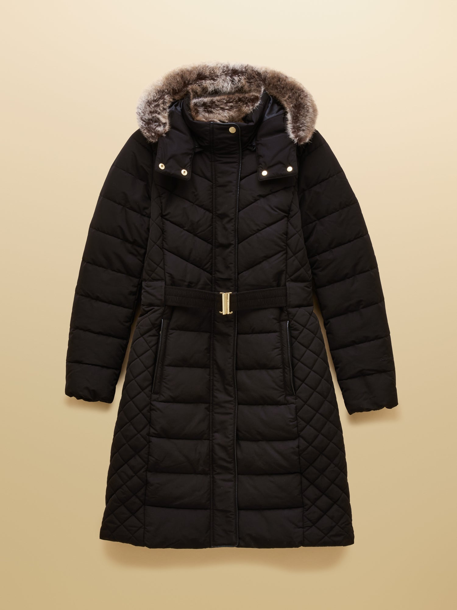 Joules Aspen Long Black Showerproof Padded Coat with Faux Fur Hood UK12 - NQP