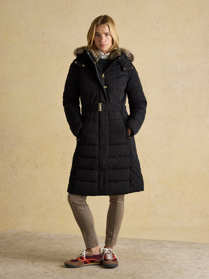 Joules Aspen Long Black Showerproof Padded Coat with Faux Fur Hood UK12 - NQP