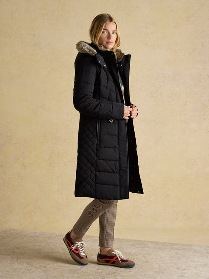 Joules Aspen Long Black Showerproof Padded Coat with Faux Fur Hood UK12 - NQP