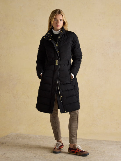 Joules Aspen Long Black Showerproof Padded Coat with Faux Fur Hood UK12 - NQP